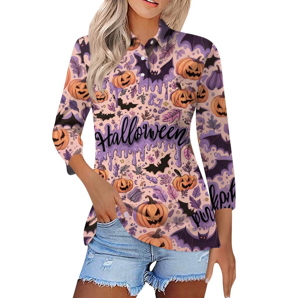 Dammode Casual Revers Kort 3/4 Ärm Halloween Tryck Skjorta Dambutton Up Toppar