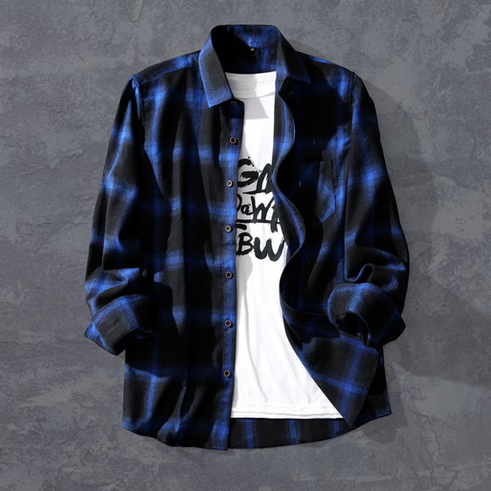 

Рубашки в клетку Мужская клетчатая рубашка Пальто с лацканами Однобортная осенняя рубашка Куртка Рубашки больших размеров Шикарная мужская повседневная рубашка с длинными рукавами M синий