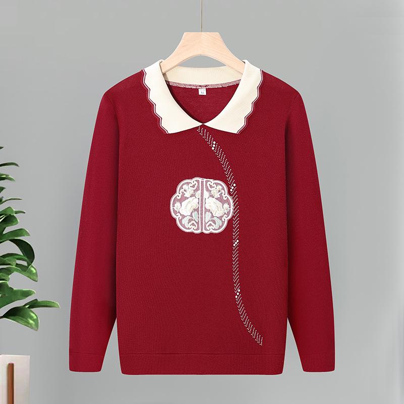 

Мамин трикотажный топ «Весна-Осень 2025» для женщин среднего возраста 4XL (135-145 Jin) вино красного