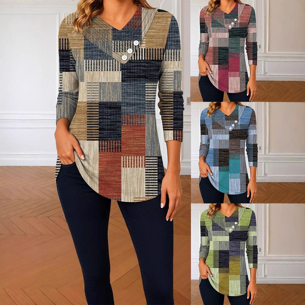 New Women's Casual V-neck Long-sleeved Pullover Regular Digital Print Women's T-shirt