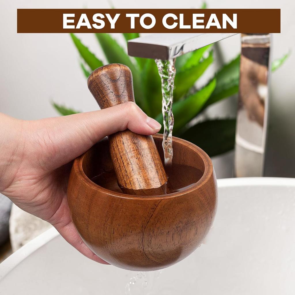 Wood Mortar and Pestle Set, Wood Grinder Bowl for Guacamole, Salsa, Herb Crusher and Pill