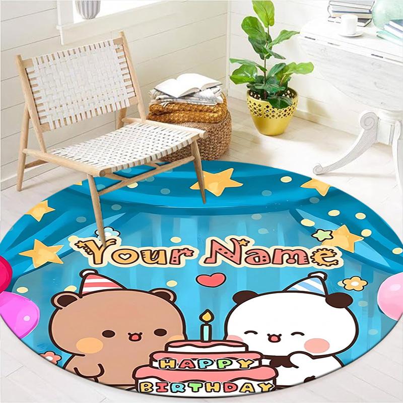 Bear Panda Night Custom Name Round Area Rug Carpet Rug For Living Room Bedroom Sofa Playroom Decor Nonslip Floor Mat