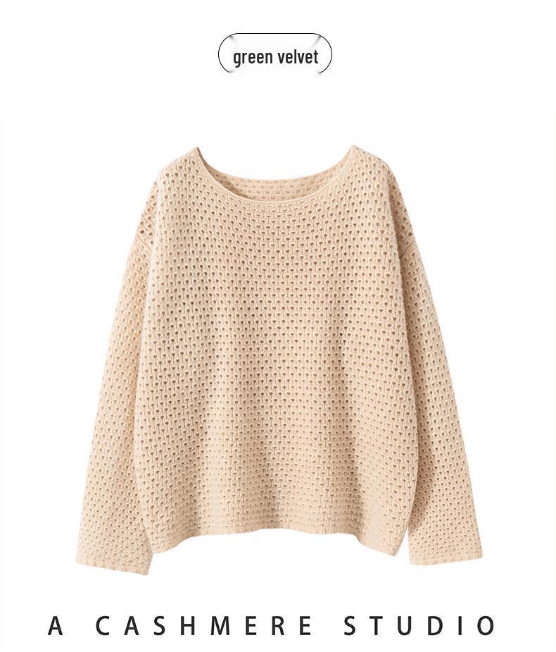Solid Color Cashmere Hollowed-Out Retro Round Neck Long Sleeve Sweater - Autumn Winter Versatile Loose Knitwear