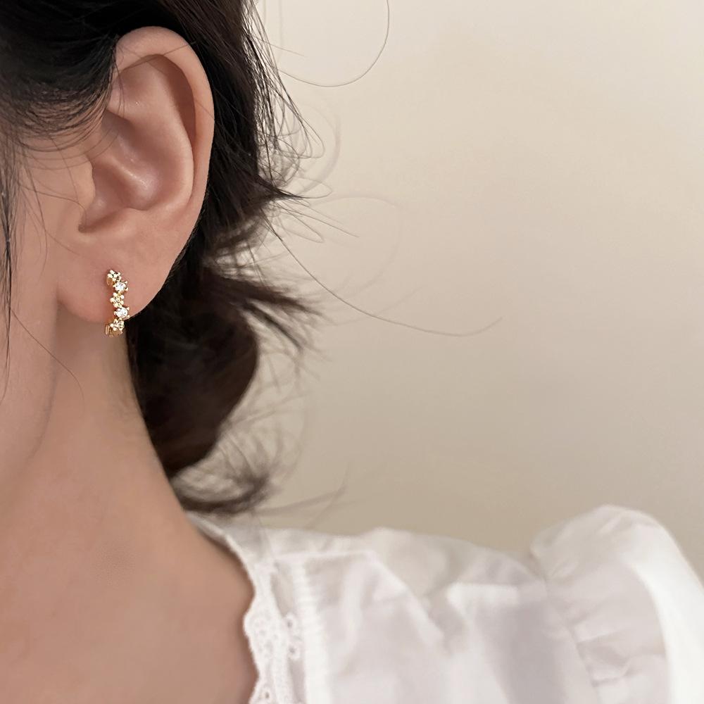 Korean Style Zircon Flower Stud Earrings - Women's Versatile Light Luxury Jewelry