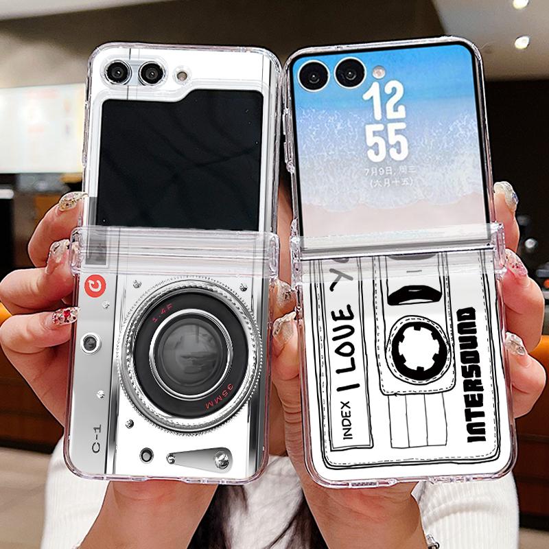 Vintage Camera Pattern Case For Samsung Galaxy Z Flip 8 7 FE 6 5 Z Flip8 Flip7 Flip6 Magnetic Clear Hard PC Folding Phone Cover
