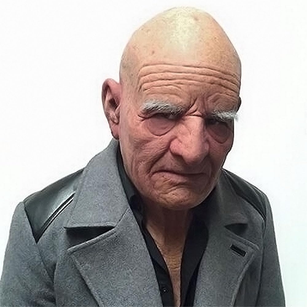 Halloween Scary Bald Old Man Simulated Grandpa Latex Funny Masquerade Props Old Man with White [neckgeart] Mask, Headgear, (Bald Eyebrows)