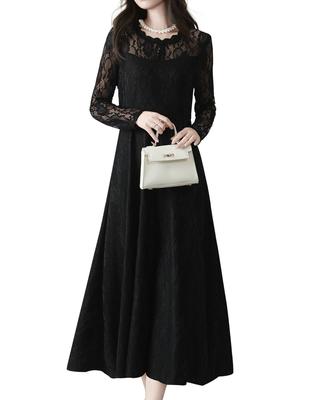 Yino Lace Midi Long and Contrast and Perfect for and Women's Dress, Sleeves, Stand-Up Collar, Pattern. High-Waisted, Slimming, Feminine, Cute,