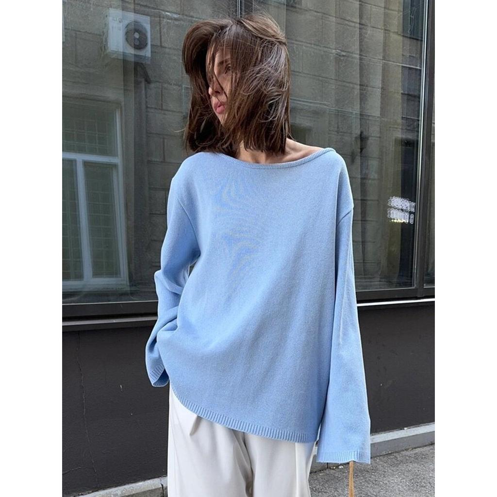 Fall Winter New Women's 100% Cotton Crewneck Sweater European American Style Loose Lazy Backless Sexy Knit Pullover