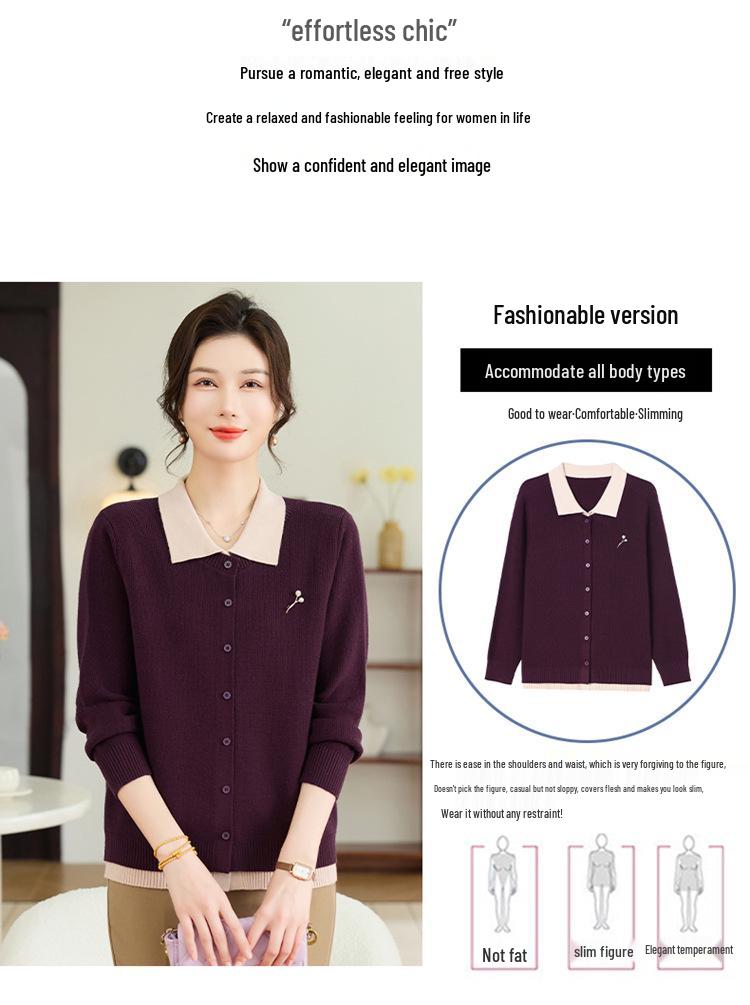 Chic Red Lapel Sweater for Women, Ideal for Spring/Autumn, Knitted Cardigan, Faux Two-Piece Design for Middle-Aged Style.