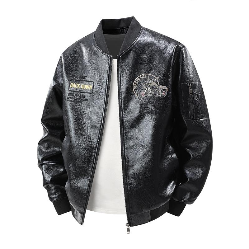 New spring large size leather jacket men's spring and autumn Hong Kong style men's fashion jacket large size plus fat loose stand-up collar men