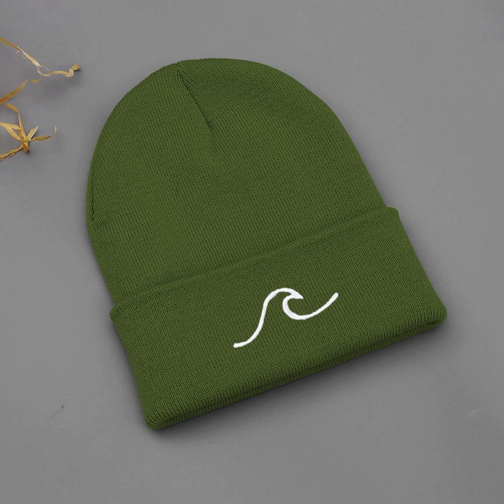 Winter Beanie Hats for Men Women Embroidery Wave Knit Cuffed Beanie Skull Cap Outdoor Daily Wear