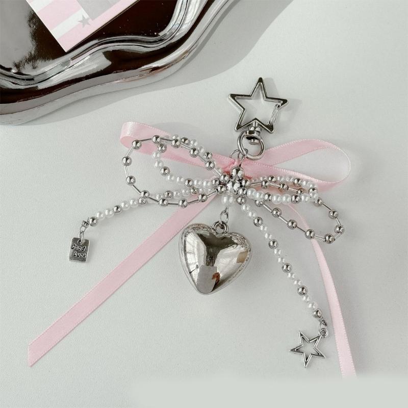 Fashionable Faux Pearls Bowtie Charm Stylish Bowknot Ribbon Keychain Bag Ornament Jewelry for Purses and Accessories
