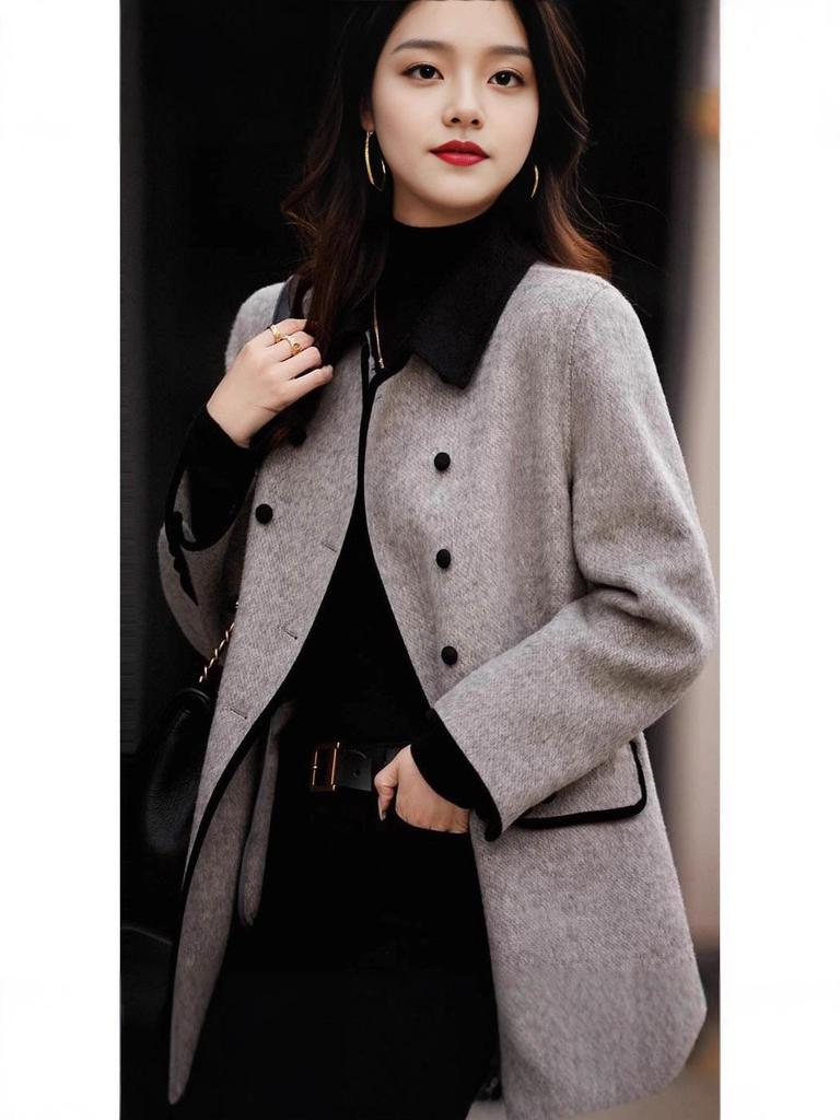 Women's Retro Double-Breasted Color Block Wool Coat - Mid-Length, Small Lapel, Spring/Autumn Fashion