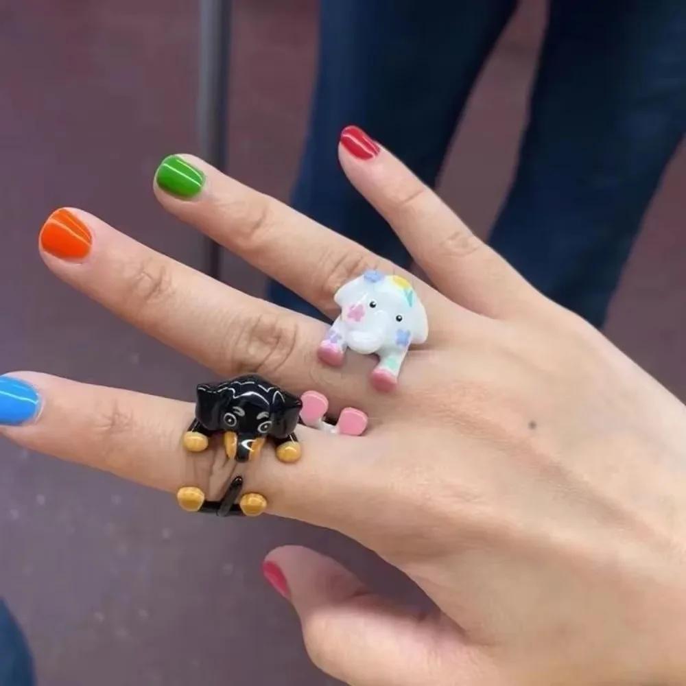 Cute and Romantic Cartoon Black Dog and White Elephant Couple Rings for Women Men Original Design Animals Jewelry Frieng Gift