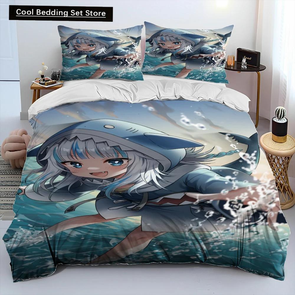 Comforter Cute Gawr Gura Hololive Anime Shark Comforter Bedding Set Bed Set King Queen Size Bedding Set