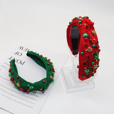 European American Christmas Rhinestone Pearl Knotted Headband with 3D Metal Flowers - Festive Women's Hair Accessory