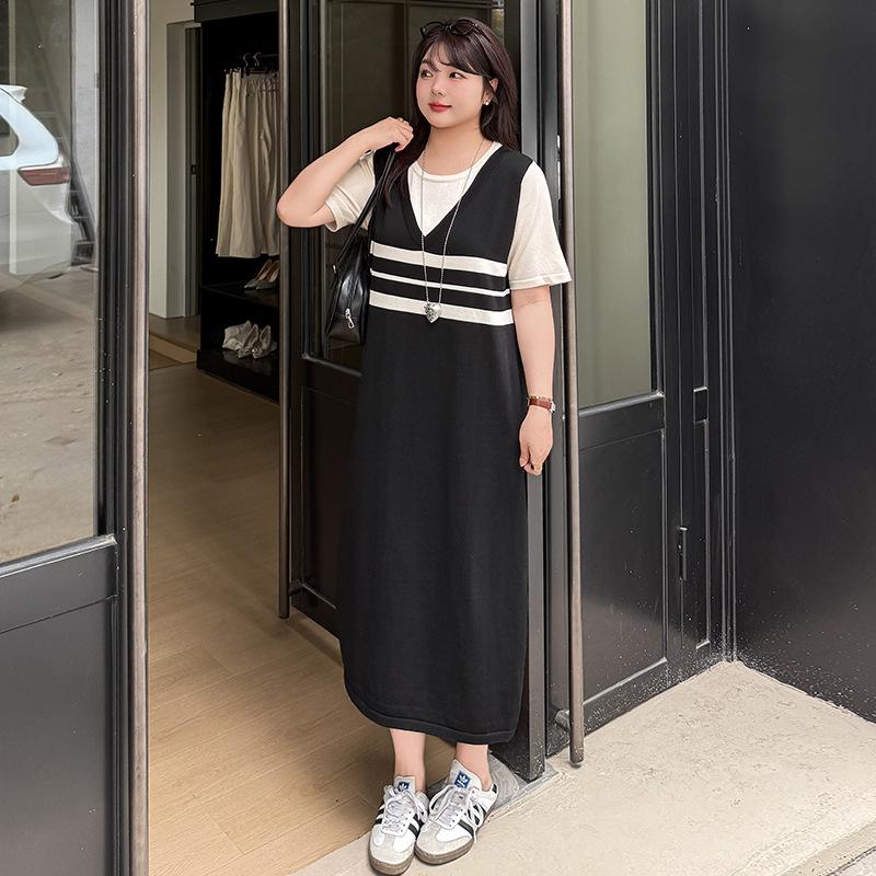 Kadın Sahte İki Parça V Yaka Tişört Elbise Kadın Düz Yazlık Kısa Kollu Örgü Elbise