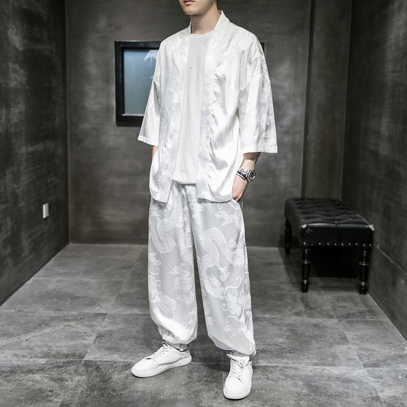 Men Kimono Cardigan Suit Summer Kimono Cardigan+loose Trousers 2 Piece Set