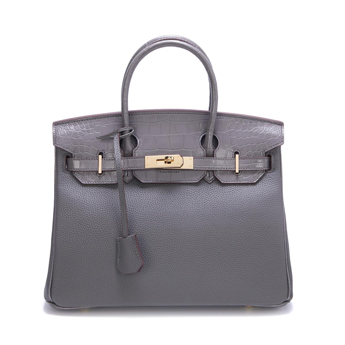 

2025 модная новая кожаная сумка с узором личи и крокодиловым узором, платиновая сумка большой емкости 30x12x23cm серый