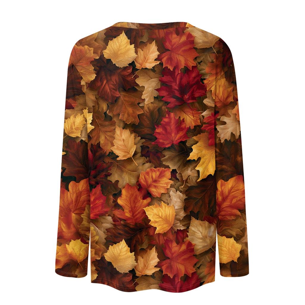 Women's Casual Long Sleeve Leaf Print Neck Blouse