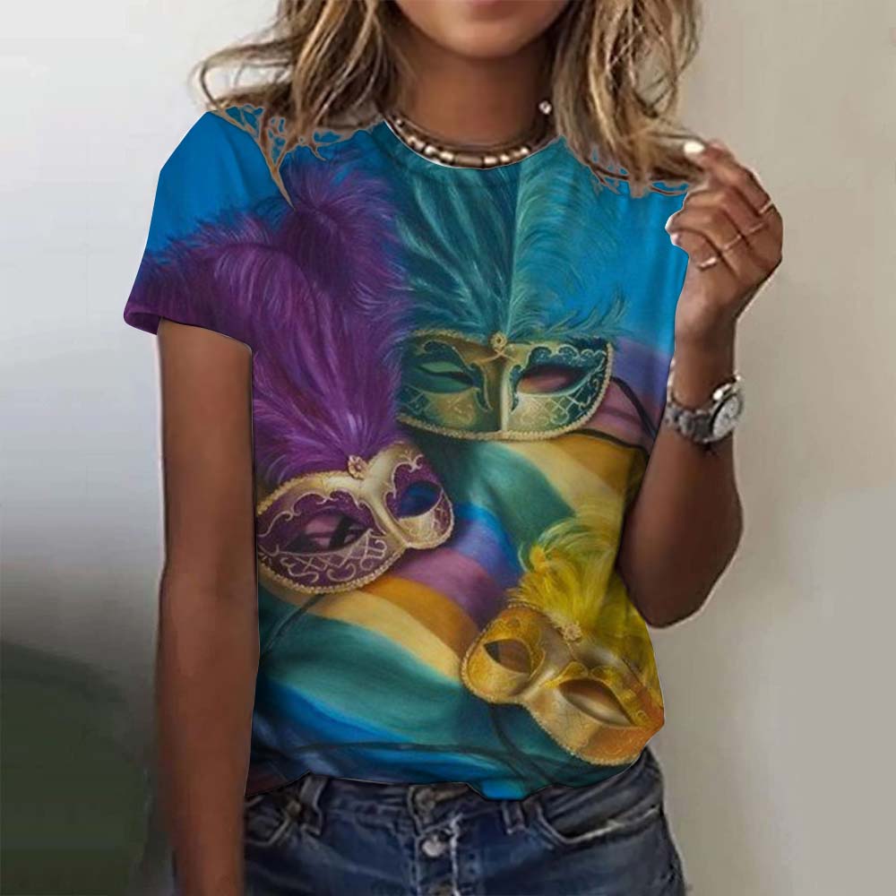 Dámská grafická trička s motivem slavnostní masky Mardi Gras, ležérní letní novinka na dovolenou s klopou a krátkým rukávem, karnevalové oblečení