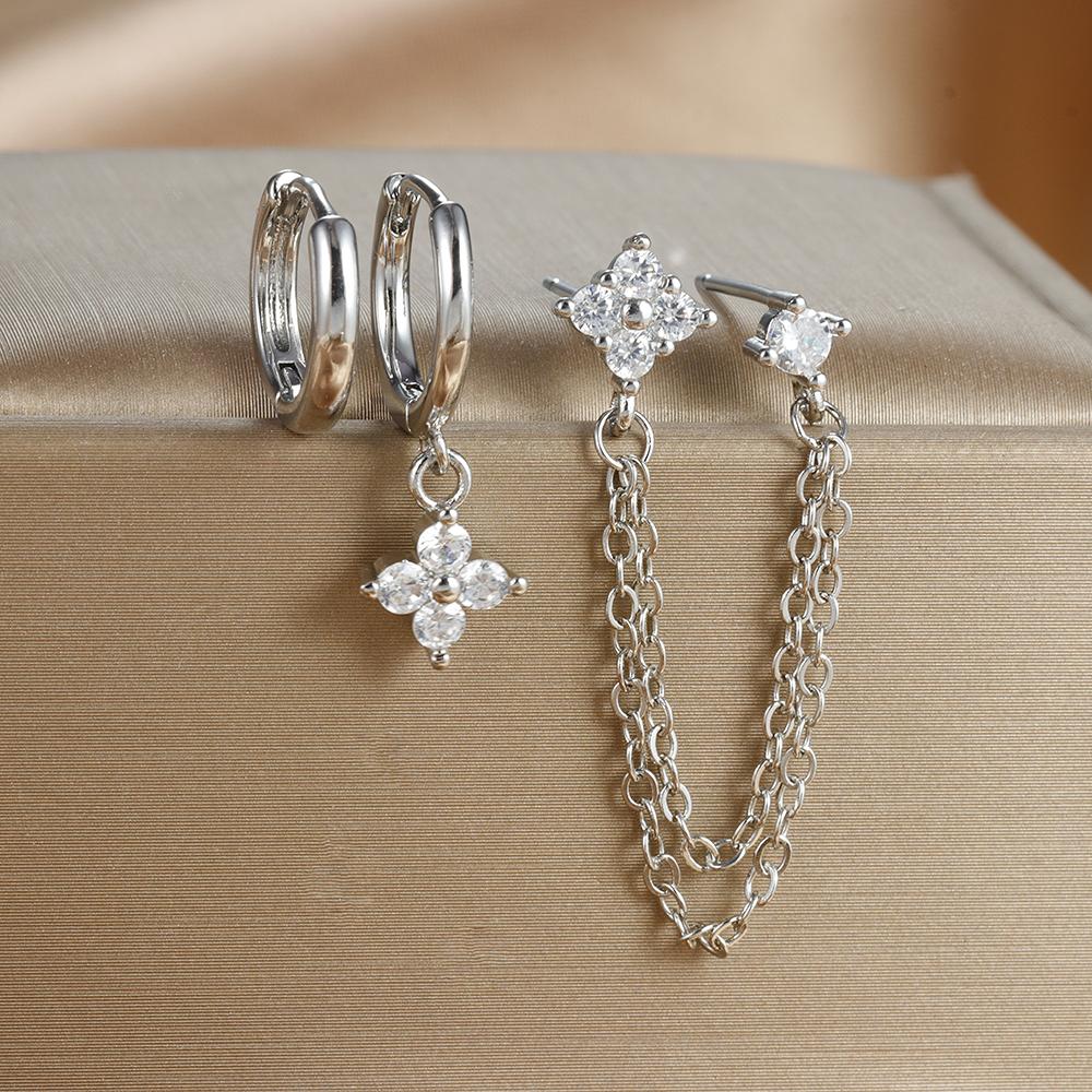 3PCS New Design Four Crystal Flower Pendant Hoop Earrings Set For Women Double Ear Hole Chain Stud Earring Piercing Jewelry