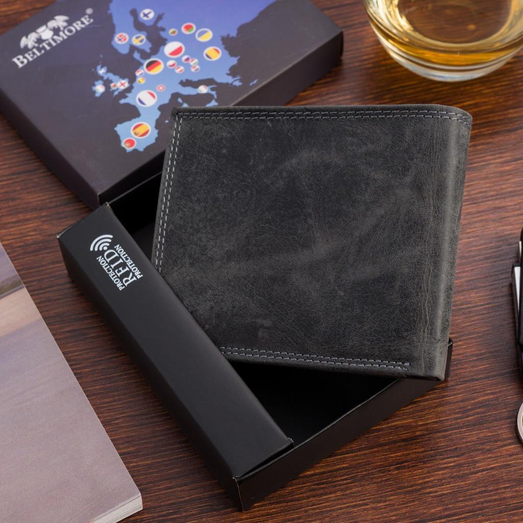 Men's Vintage Horizontal Classic Black Leather Wallet RFiD Beltimore S51
