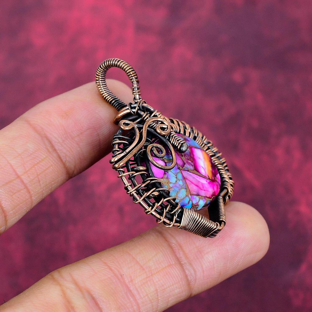 Natural Kingman Pink Dahlia Turquoise Pendant Copper Wire Wrapped Unique Jewelry