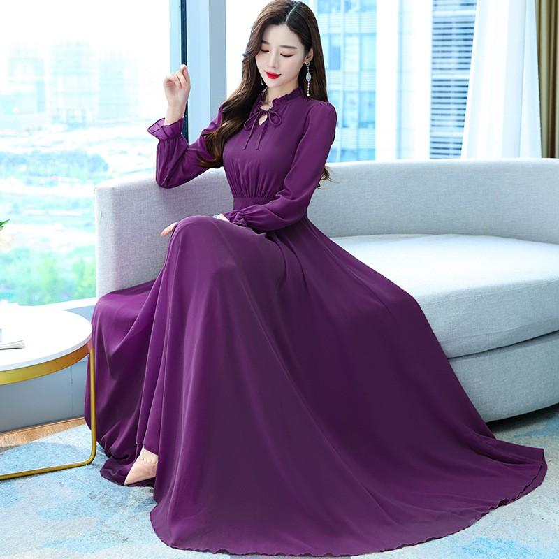 Women's Spring Summer and Autumn Four Seasons Models of Solid-coloured Tie Waist Thin Temperament Chiffon Swing Dress Long-sleeved Dresses