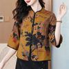 Damen Kurzjacke im chinesischen Stil mit Pfingstrosenmuster Mandarin-Kragen 3/4-Ärmel Vintage Bluse