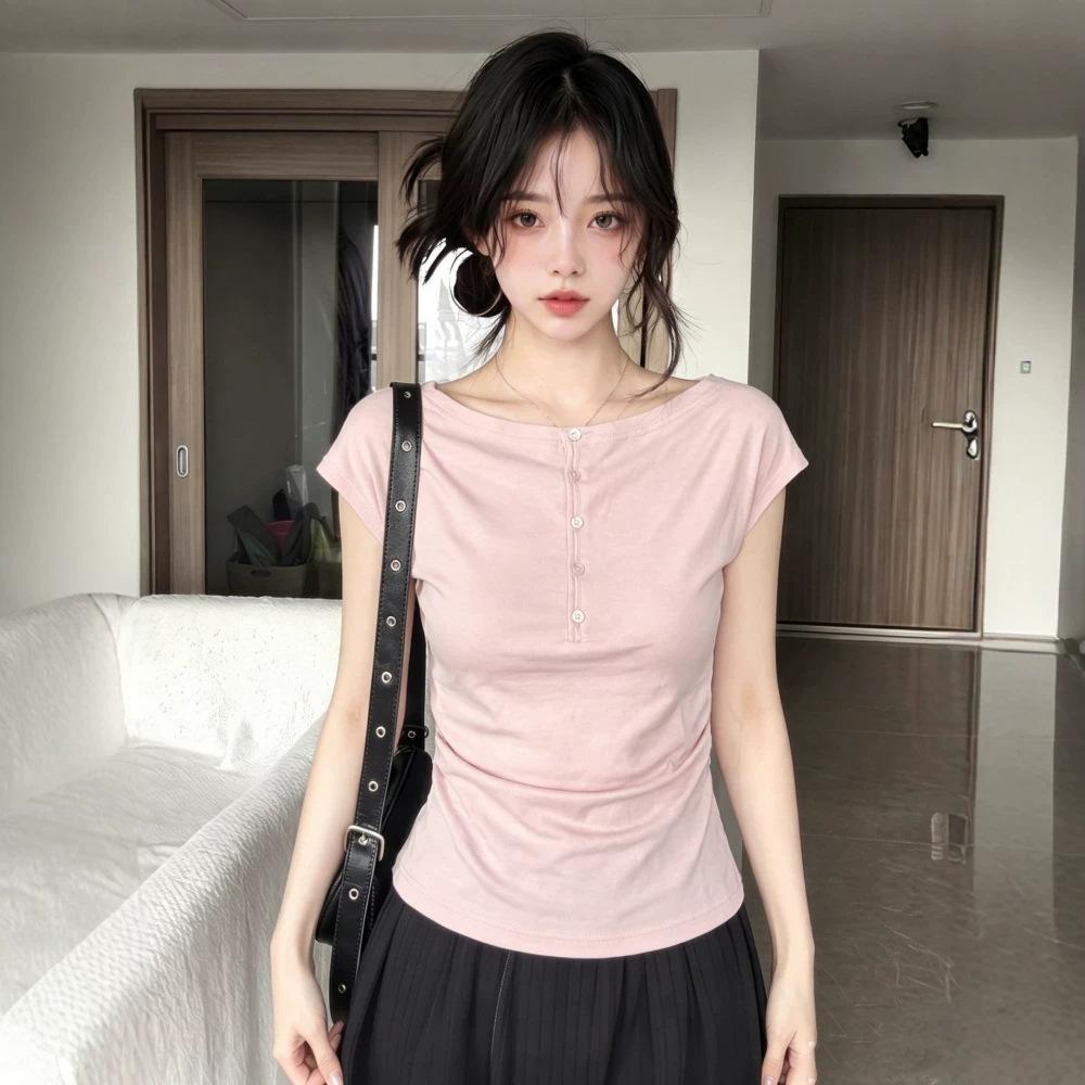 [Keren Cotton Modal] Spice Girl Style Button Short Sleeve T-Shirt Women's Summer Design Slim-fit Versatile Top