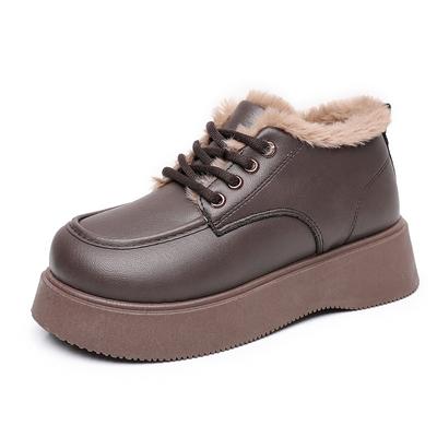Damen Winter Neue Kleine Lederschuhe Fleecegefüttert Warm All-Match Runde Spitze Dicke Sohle Damen Rutschfest Baumwollgepolsterte Schuhe