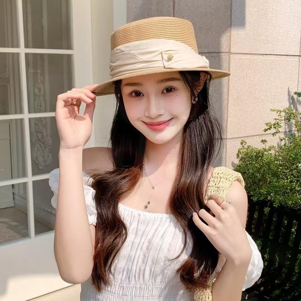 Eleganter Strohhut mit flachem Oberteil für Damen, Frühling und Sommer, hohe Qualität, Reise, vielseitig, Schleife, lässig, Shopping, Sonnenhut
