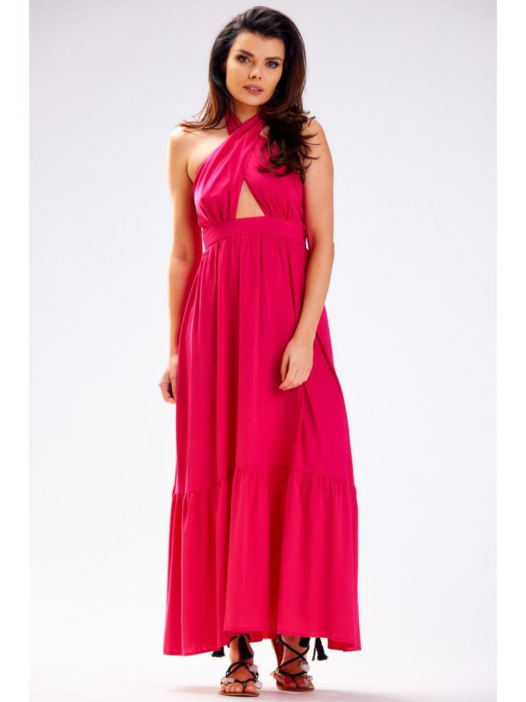 Viscose Maxi Dress with Open Back, Pink - Fuchsia, Size S