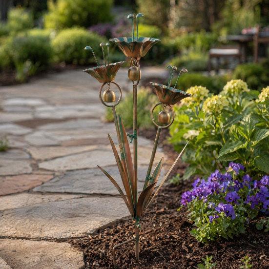 Flamed Copper Three Calla Lilies Garden Stake with Bells, Metal Flower Yard Art Decor, Outdoor Wind Bell Stake for Lawns,