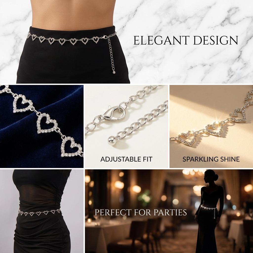 Trendy Rhinestone Heart Waist Chain for Women Girls Adjustable Body Belt Belly Jewelry Tassel Design for Dresses Jeans