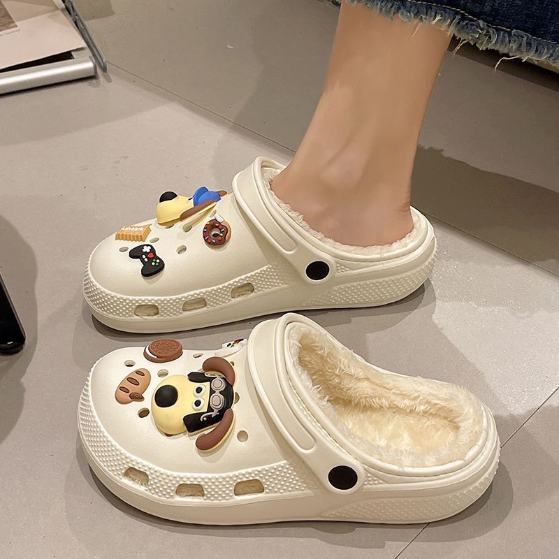 Cotton Drag Hole Shoes Women's Autumn and Winter New Cute Little Briquettes Outer Wear Thick Sole Warm Velvet DIY Winter