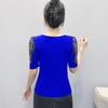 New Summer Luxury Shiny Hot Diamonds Women's Embroidery Flower T-Shirt Elegant V-Neck Lace Patchwork Tops Female Transparent Mid-Sleeve Tees