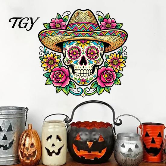 Décoration de Fête Latino-Américaine Fleur Crâne Sticker Mural, Décoratif Créatif Doux Décorations Cadeaux Autocollants du Jour des Morts, PVC Imperméable Amovible