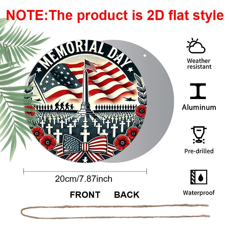2D Flat, 1pc Memorial Day Round Metal Wall Art - Military Tribute with American Flag, Arlington Cemetery Tombstones & Iwo Jima Soldiers - Vintage