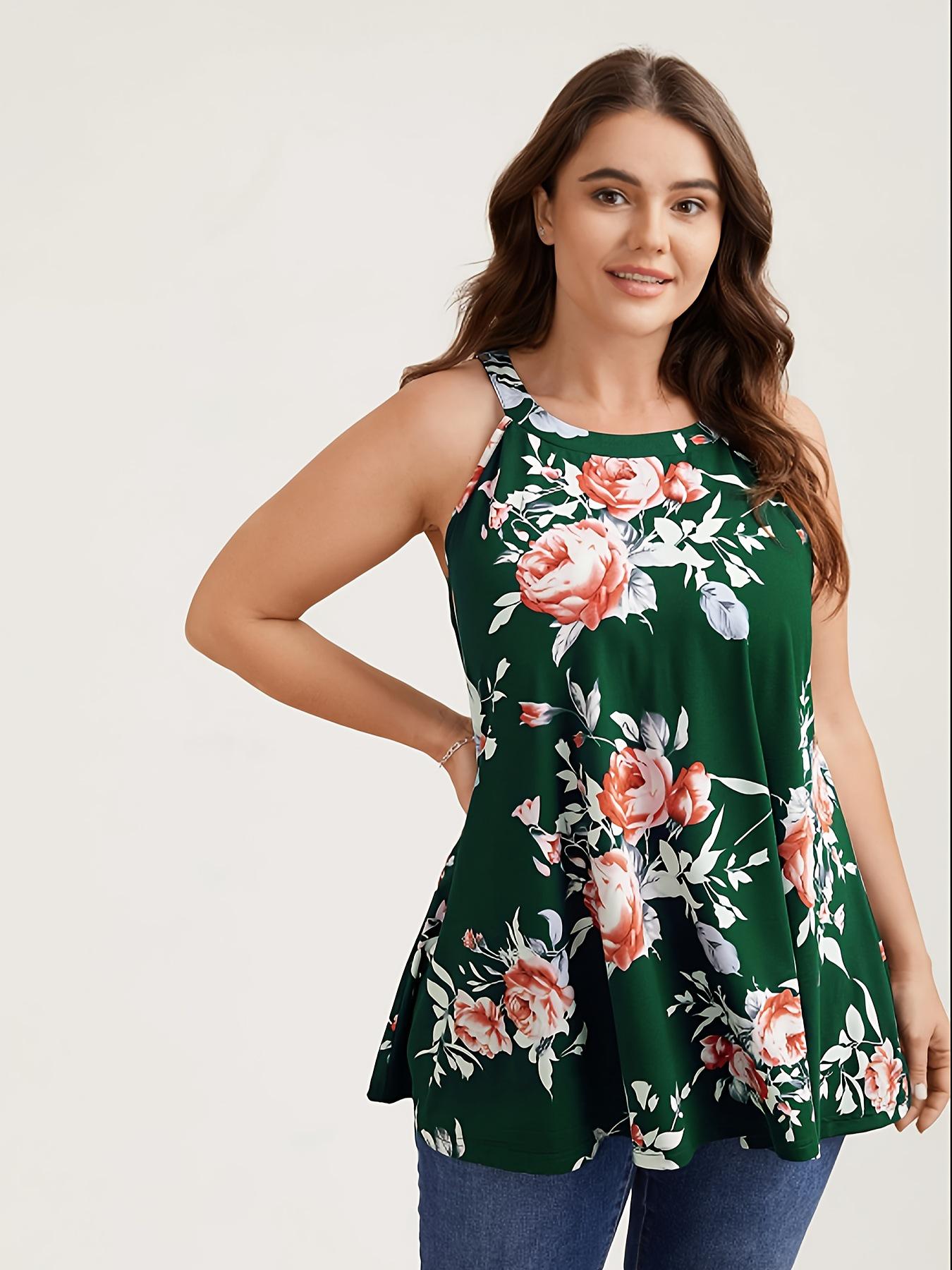 

Plus Size Sleeveless Pocket Dress with European/American Print 1XL зелений