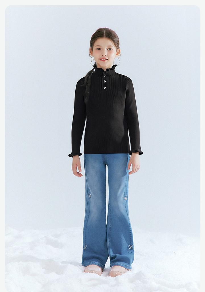 Girls' Half High Collar Knitted Ruffle Edge Sweater