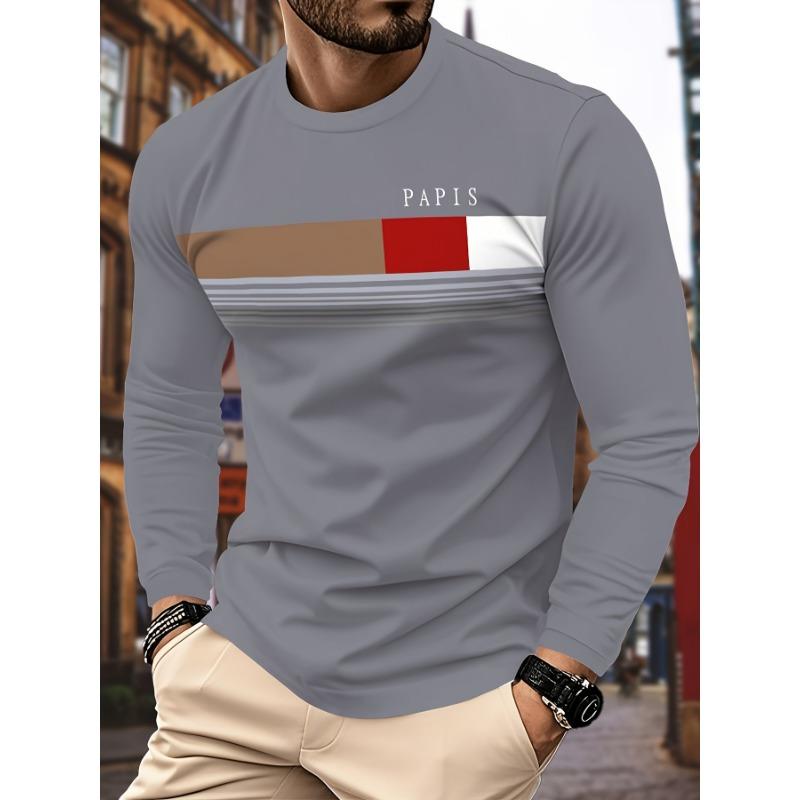 3 Men's Casual Long Sleeved T-shirts - Geometric Pattern, Round Neck Casual Wear, Daily T-shirt