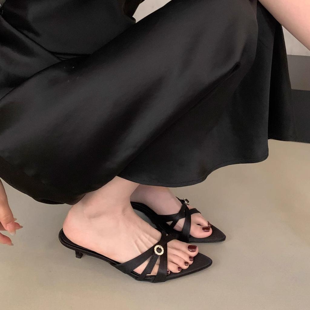 Fashion Shoes Pointed Toe Ladies' Slippers Women Heels Big Size High Slides Shoes Woman 2025 Big Size Slippers Heels Pointed Toe High