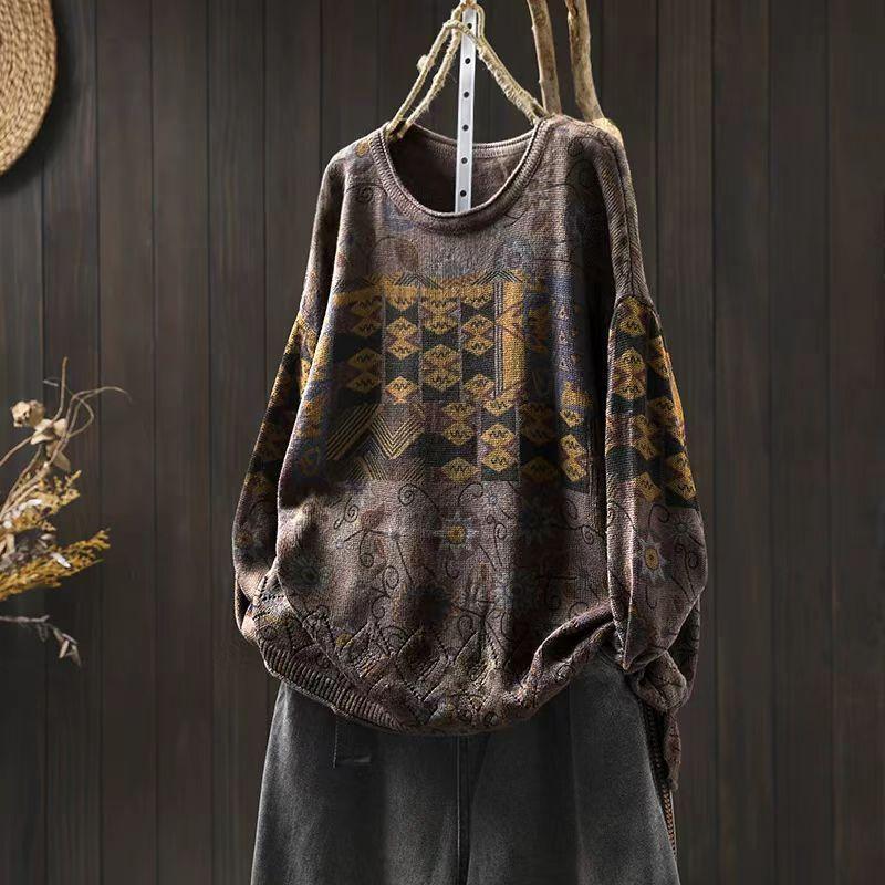 Vintage Printing Patchwork Sweater for Women Winter Fall Fashion O-neck Long Sleeve Loose Casual Pullover Knitting Pullover Tops