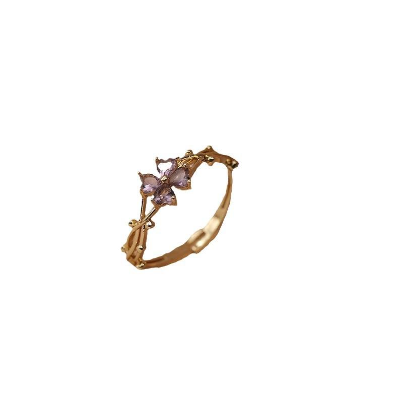 Cute Romantic Purple Four Leaf Zircon Flower Adjustable Rings for Women Gold Color Stainless Steel Jewelry Gift Anillos De Mujer