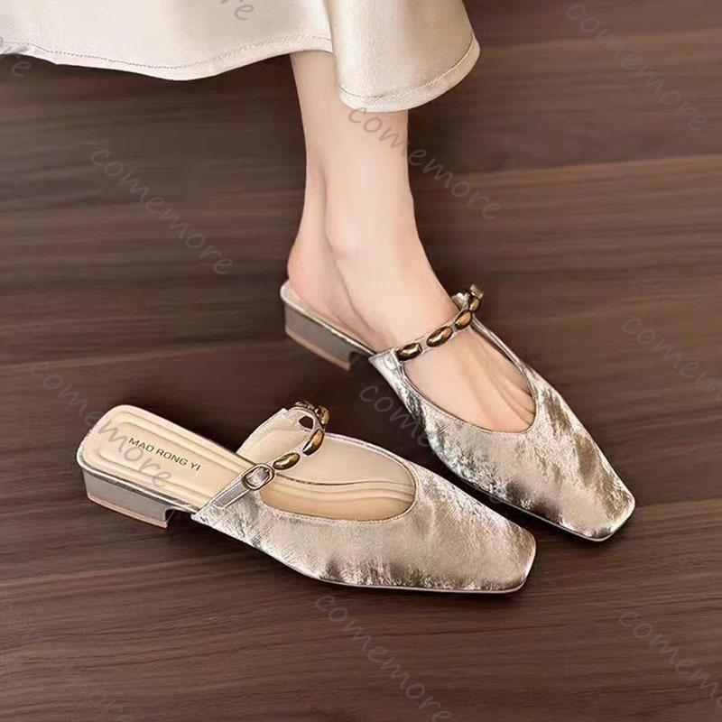 Comemore Square Head Slippers Satin Shallow Mouth Metal Buckle Slip On Women's Shoes Spring Summer Mules Baotou Half Slipper