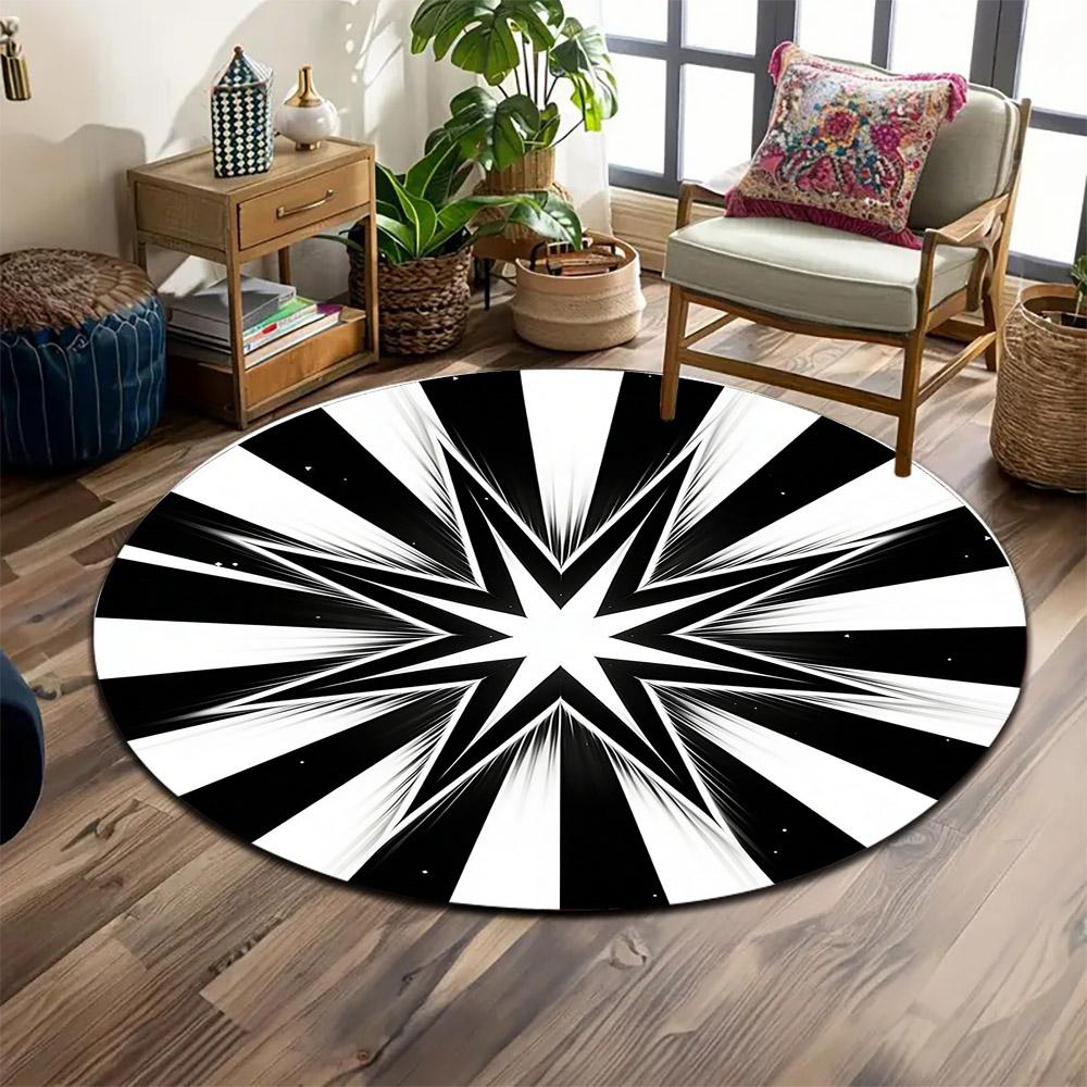 Black and White Starburst Design Print round rug, living room, bedroom, playroom carpet, non slip floor mat, gift