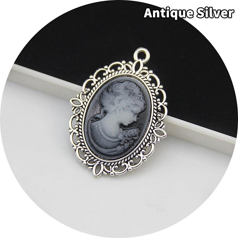 Antique Silver Oval Zinc Alloy Pendant With An Inlaid 18*25Mm Beauty Head Design, Hair Accessory Necklace, Diy Jewelry Accessory