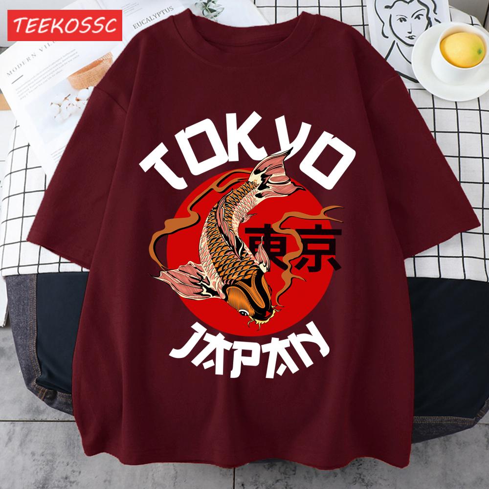 Harajuku Tokyo Japan Koi Fish Print Men T Shirts Hip Hop ONeck TShirt Soft Cotton Male Sportswear Casual Comfortable Clothes